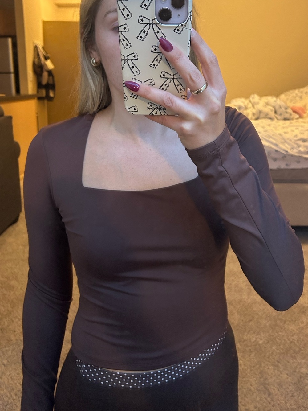 Pink Rose Square Neck Long Sleeve Top in Brown